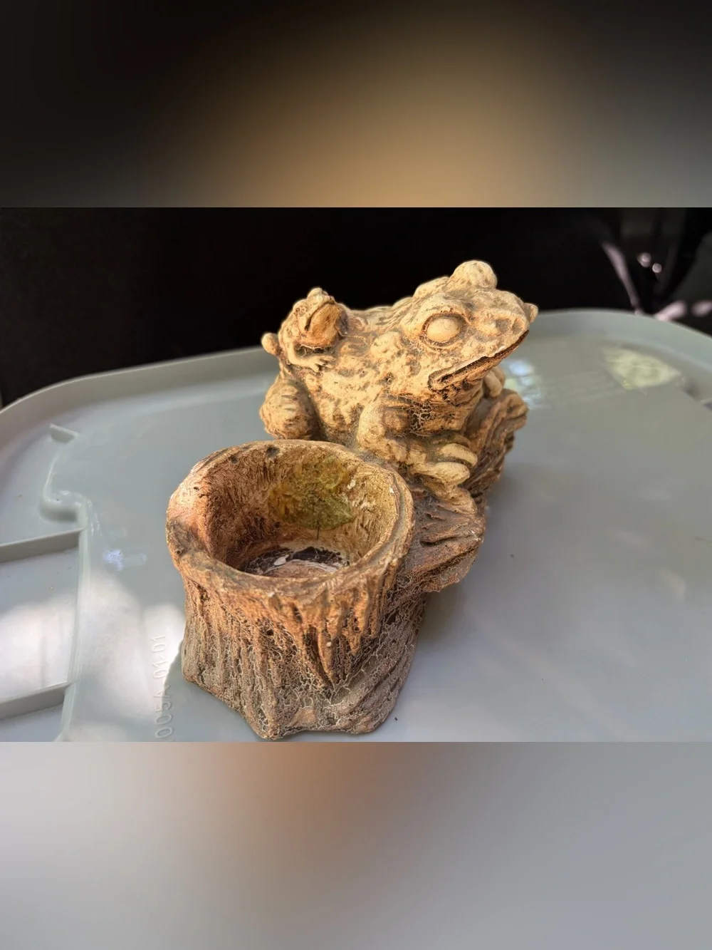 Vintage 70s Pompadour Frog Planter With Baby AF 77 Faux Wood Trinket Dish Rustic